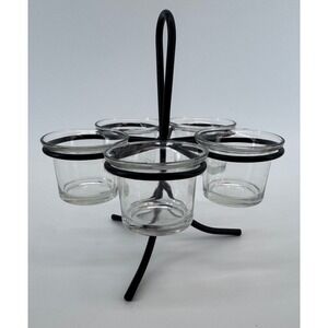 Black Metal Votive Candle Holder Caddy with 5 Glass Cups 7.5" Portable Tea Light